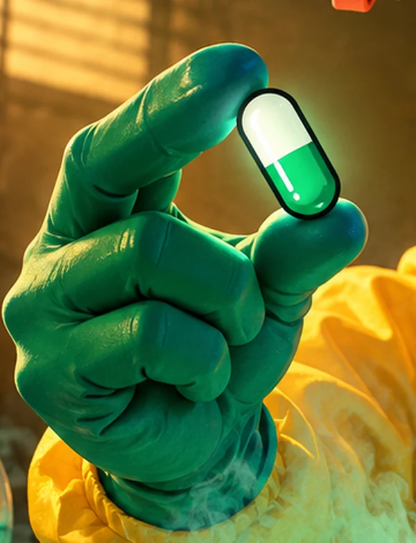one capsule held up to the lamp, half white half green, glowing like a tiny traffic light stuck on go
